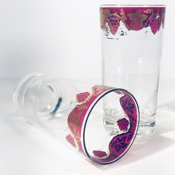 MCM Highball Glasses Set of 2 Gilt Edge Cranberry Flashed Grape Cluster Barware - Picture 2 of 8